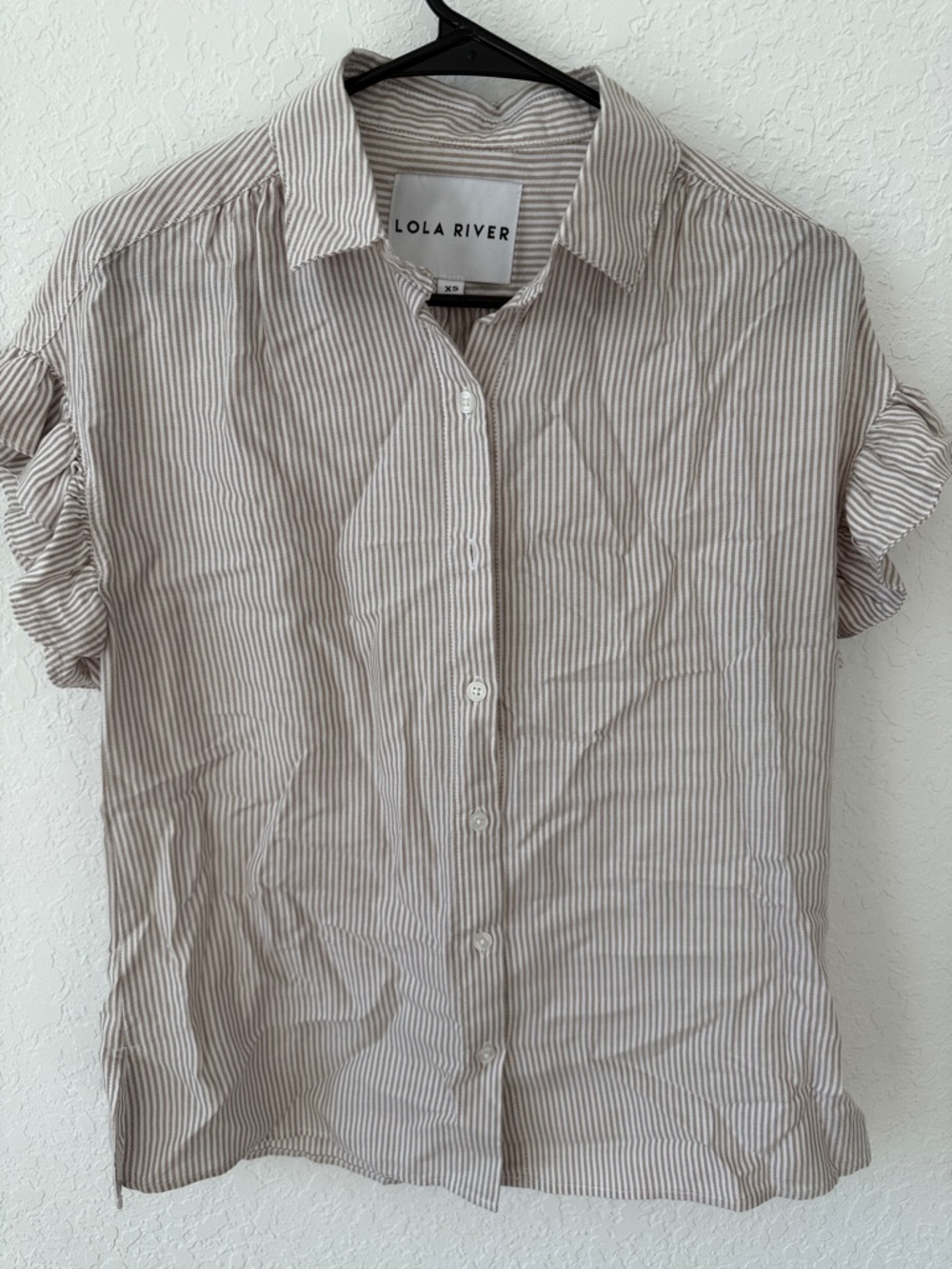 Lola River Tan & White Striped Short Sleeve Button-Front Blouse